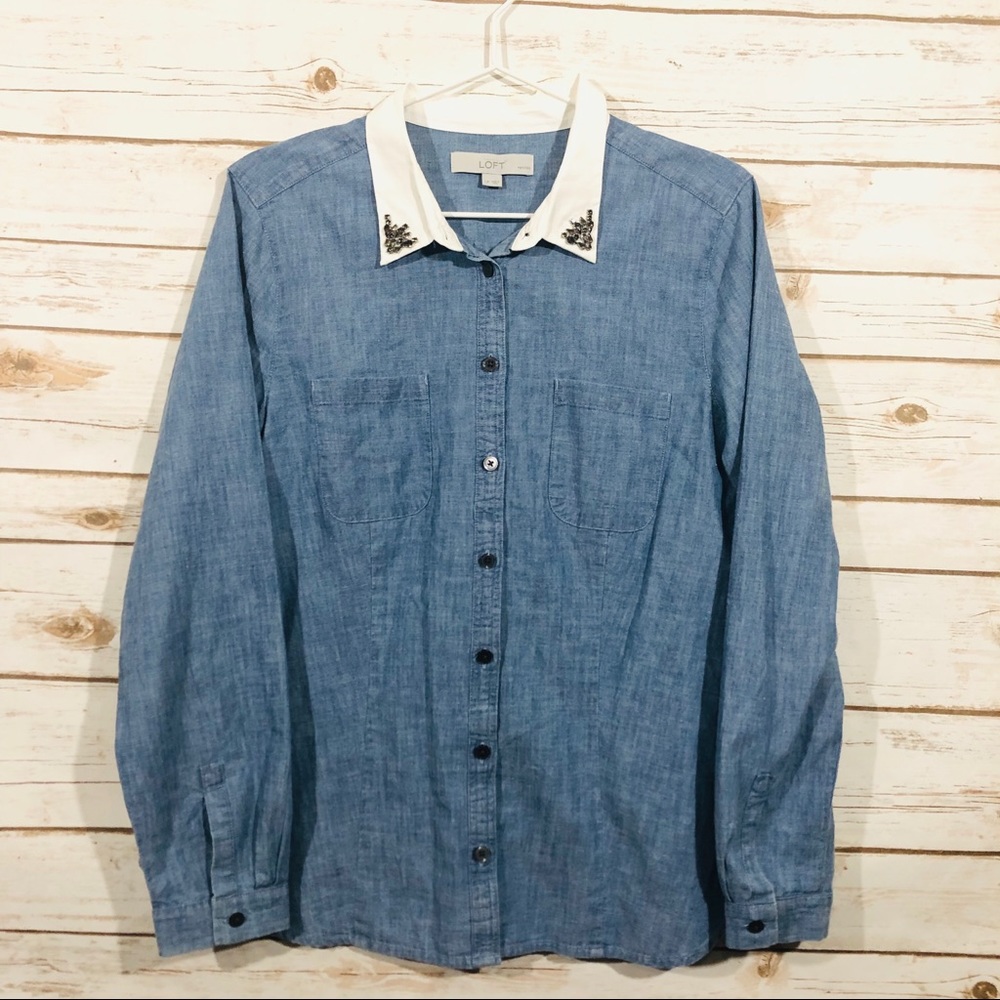 Loft women’s petite L long sleeve denim blouse top - Picture 1 of 6
